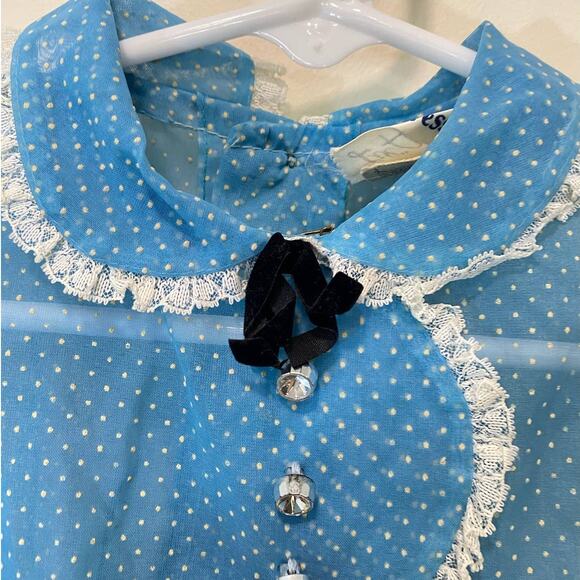 1950s Blue /White Spotted Sheer Pinafore Union Made Rare Belted Girls Dress 3y - Picture 4 of 13